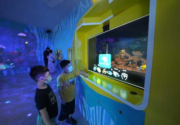 圖四、海科館潮境智能海洋館內的「我視AI魚缸」，吸引小朋友駐足。